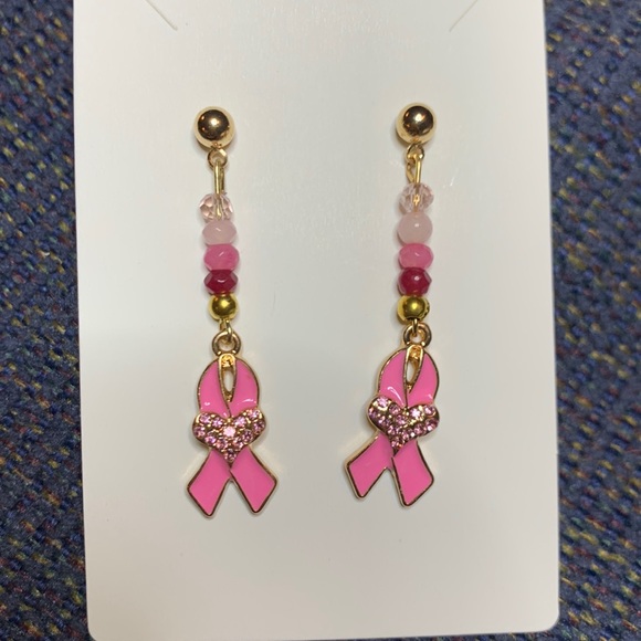 New Handcrafted Pink Awareness Drop Dangle Beaded Dangle Hope Post Stud Earrings - Picture 3 of 7